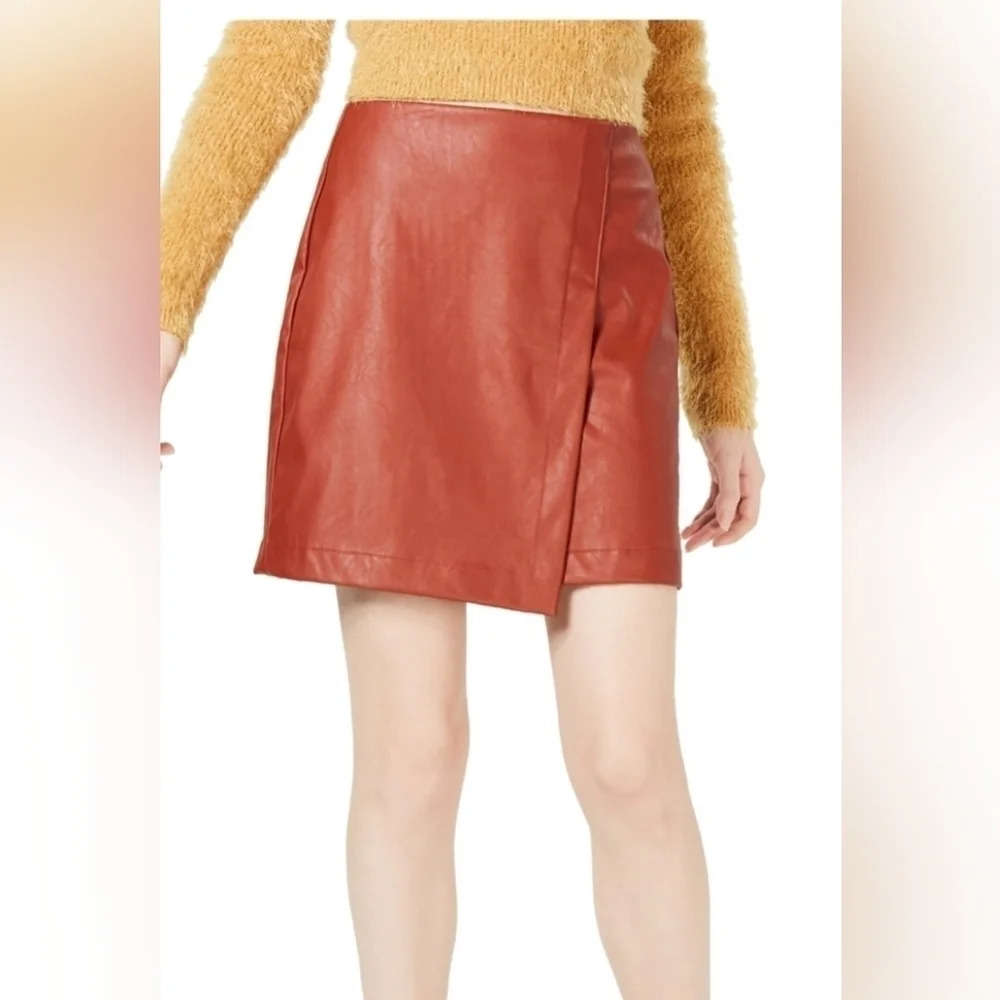 Bar III Faux Leather Mini Wrap Skirt in Copper Color, Thin Fleece Lining, EUC!